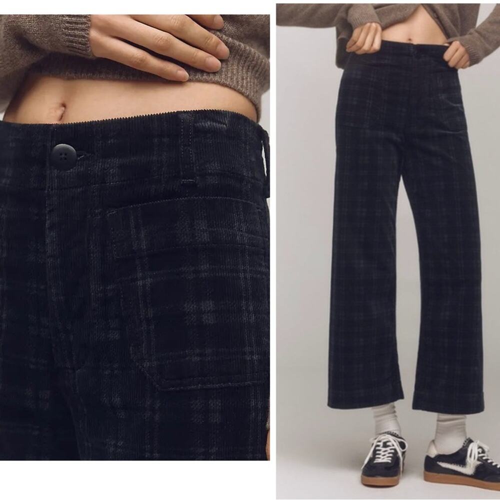 Maeve The Colette Cropped Wide-Leg Pants Plaid Corduroy Edition Black Size 28